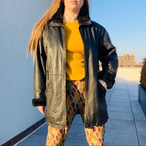 Wilsons Leather Black Leather Trench Coats Shearling Long ZipUp Jacket M